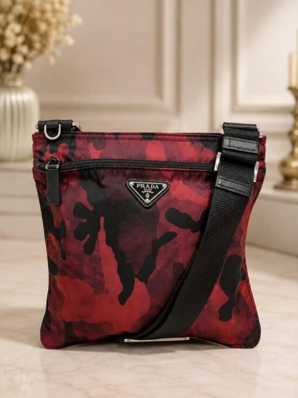 Authentic Prada Red Camo Tessuto Nylon Crossbody Messenger Shoulder Bag